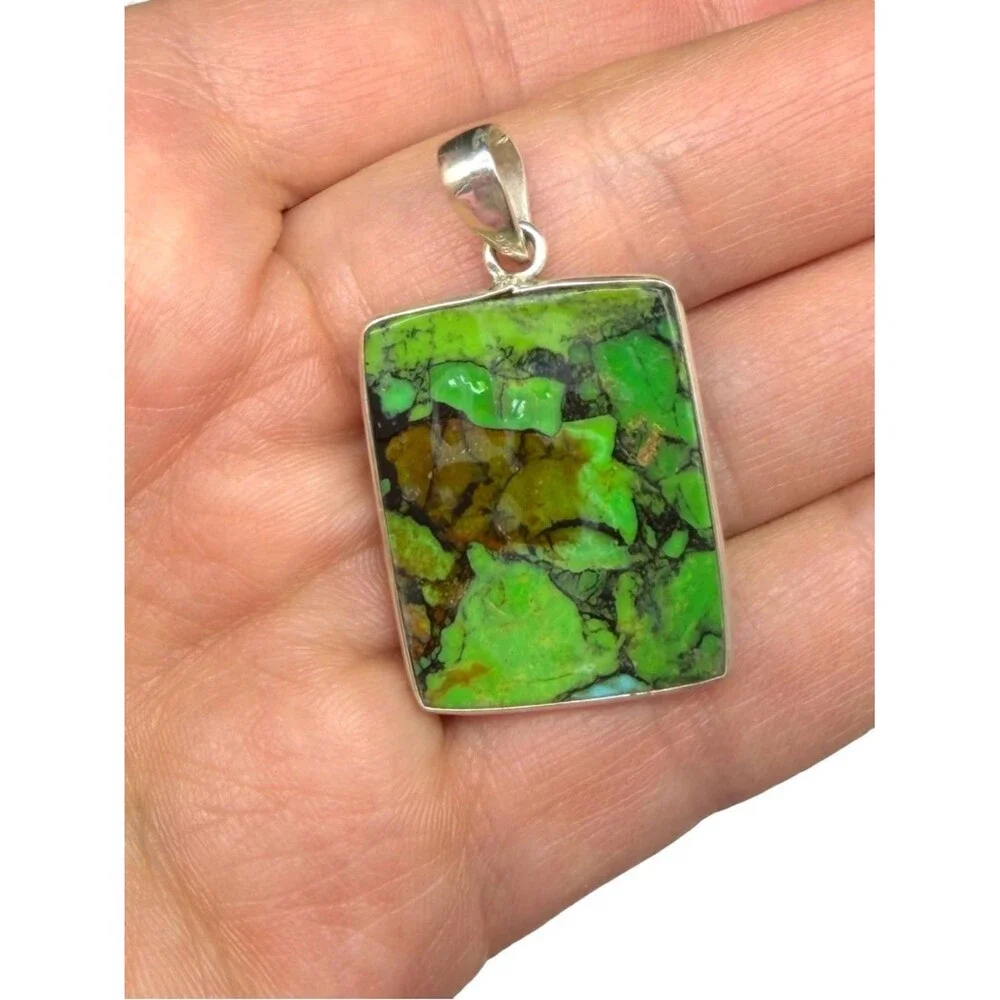 Green Matrix Turquoise Necklace Pendant 925 Solid Sterling Silver Square Stone